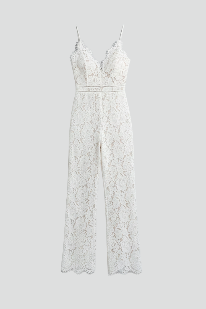 Elegant women's sleeveless lace V-neck wide-leg jumpsuit, perfect for special occasions.