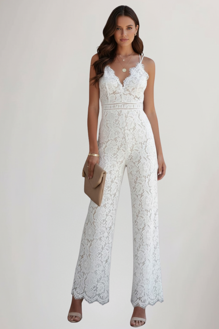 Fashionable women's sleeveless lace V-neck jumpsuit with wide-leg pants for summer style.