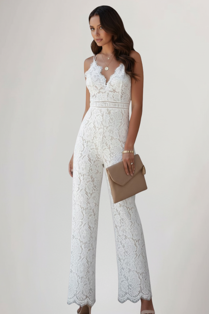 Stylish women's party wear: a sleeveless lace V-neck and wide-leg jumpsuit with elegant design.