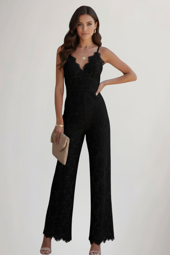 Beautiful women's summer outfit: a sleeveless lace V-neck wide-leg jumpsuit, ideal for events.