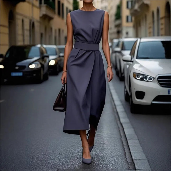 Stylish red midi dress for women, round neck, pleated waist, offering a versatile casual chic look.