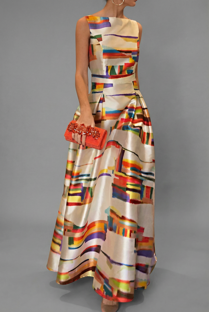 Elegant women's sleeveless multicolour maxi dress, perfect as a formal evening gown or special occasion party dress.