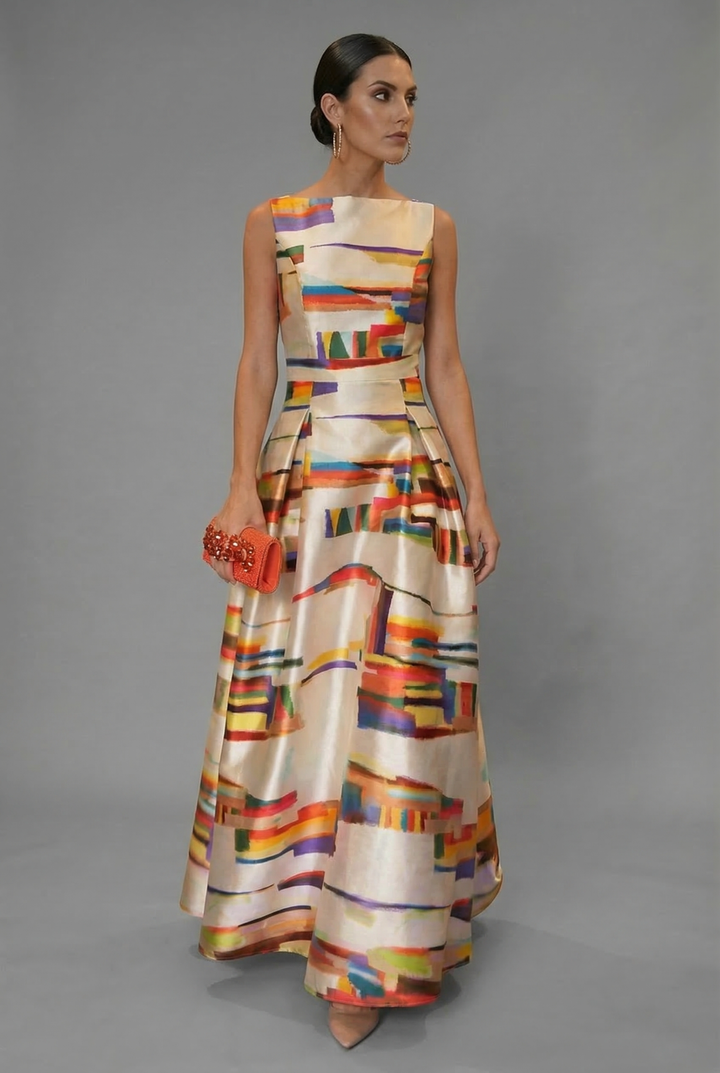 Stylish sleeveless long maxi dress for women, featuring a flowing multicolour design, ideal for formal evenings.