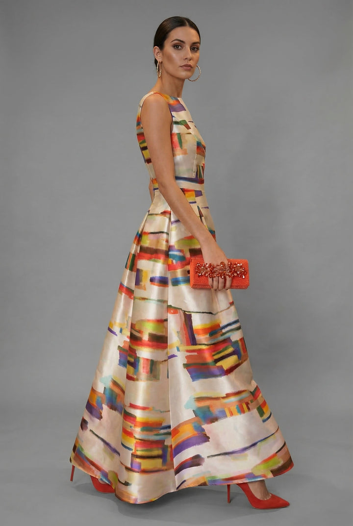 Multicolour women's sleeveless maxi dress. Elegant formal evening gown for special occasions, a chic party statement dress.