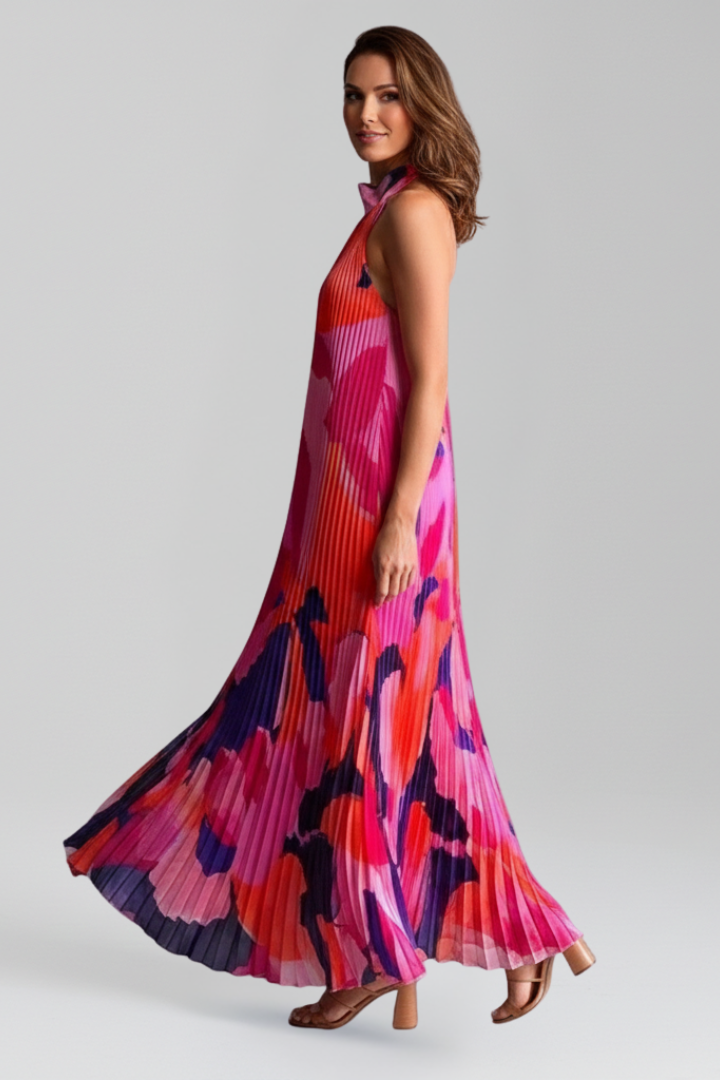 Sleeveless pleated maxi dress in a vibrant color, great for any occasion.