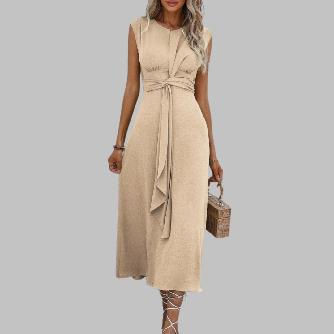 Flowy round neck sleeveless maxi dress for women, great for comfortable summer casual style.