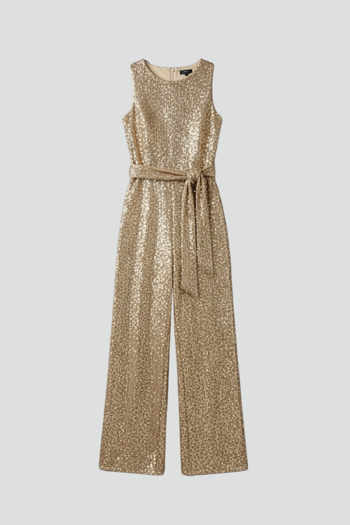 Elegant women's sleeveless sequin straight-leg jumpsuit for evening wear, perfect for parties.