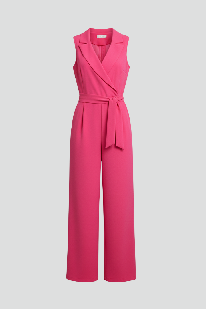 Elegant women's sleeveless V-neck tie waist jumpsuit, perfect for summer parties and events.