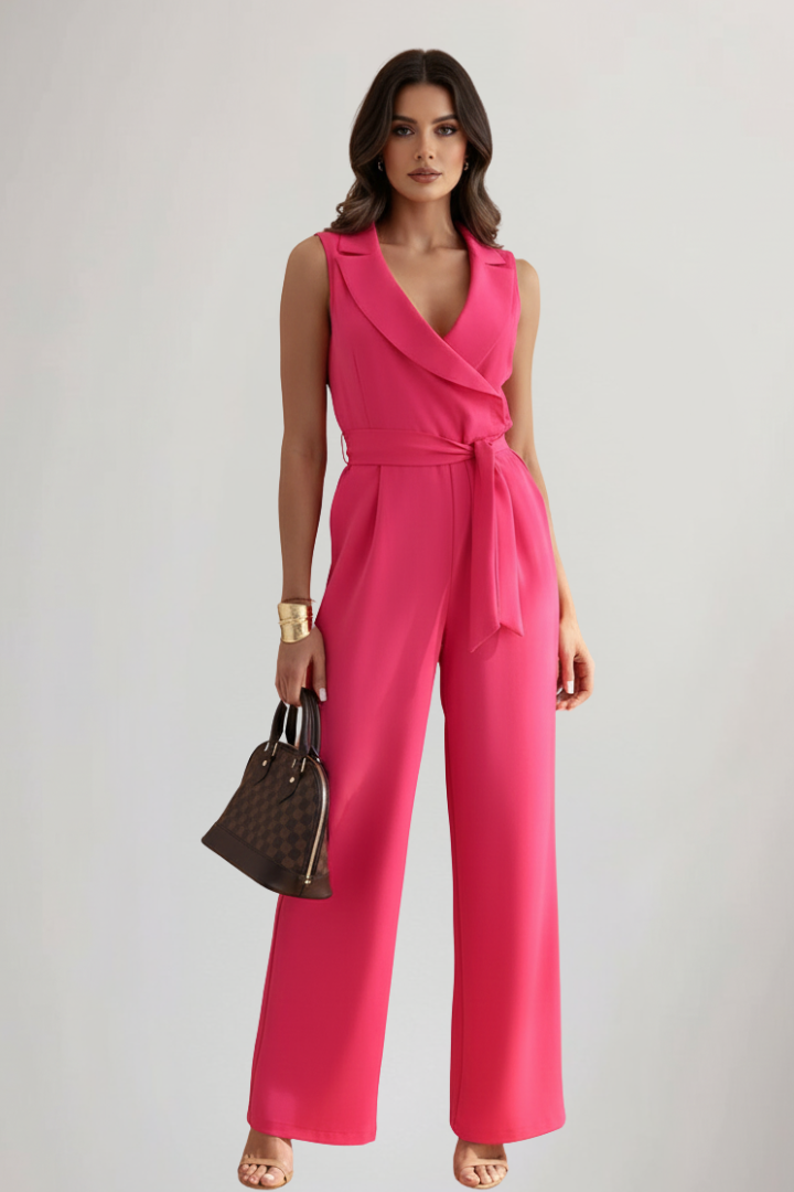 Comfortable wide-leg sleeveless jumpsuit with a flattering V-neck and adjustable tie waist for women.