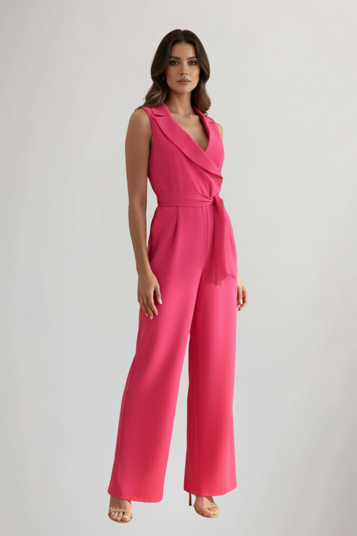 Versatile women's sleeveless V-neck jumpsuit with tie waist, ideal for both casual and formal wear.
