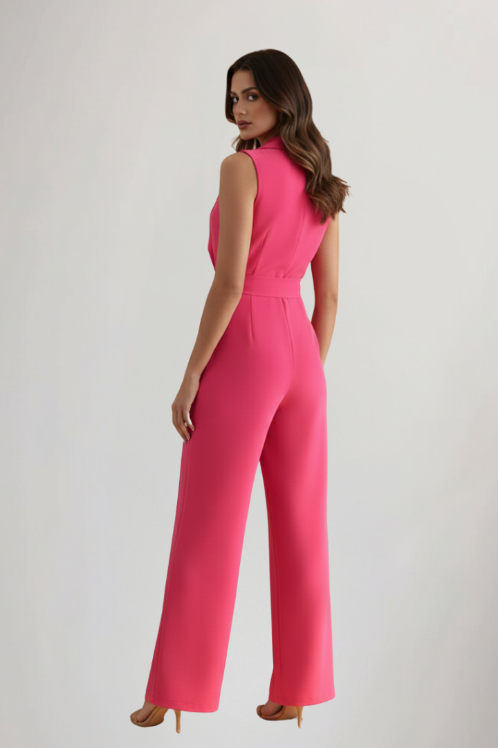Stylish women's sleeveless jumpsuit, featuring a sophisticated V-neck and a chic tie waist design.