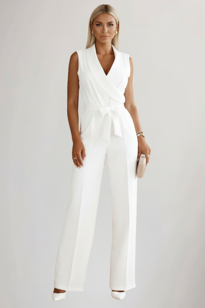 Summer fashion essential: a women's sleeveless V-neck jumpsuit with a comfortable wide-leg fit.