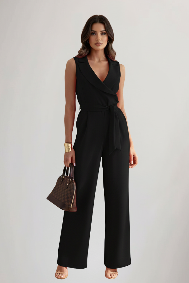 Modern women's sleeveless jumpsuit with a V-neck and tie waist for a flattering and comfortable look.