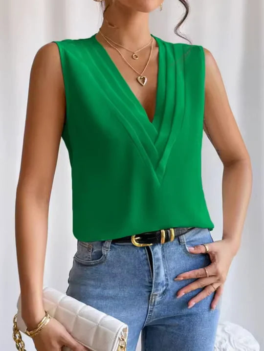 Elegant women's sleeveless V-neck top in a lightweight polyester blend, perfect for summer casual wear