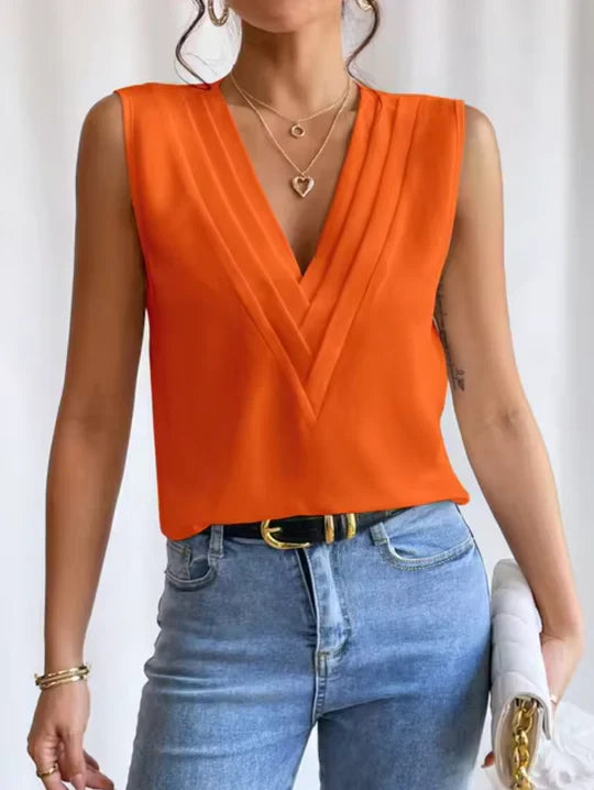 Stylish women's sleeveless V-neck top designed for comfort and elegance in a lightweight fabric