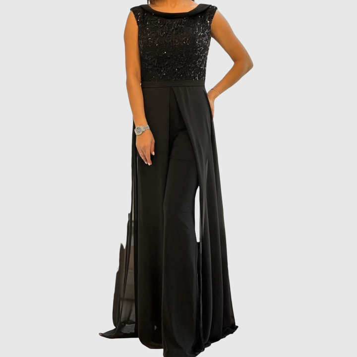 Sleeveless formal jumpsuit dress for women, featuring a wide-leg design and elegant sparkle detail