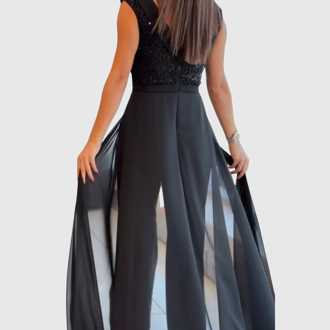 Women's occasionwear jumpsuit dress, elegant sleeveless style with wide leg and sparkling chiffon fabric