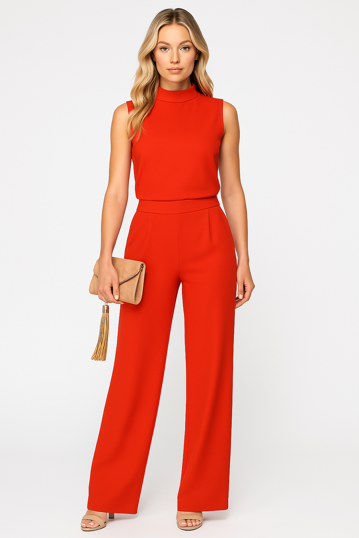 Elegant women's sleeveless wide-leg jumpsuit with a round neck, perfect for chic office wear or evening events.