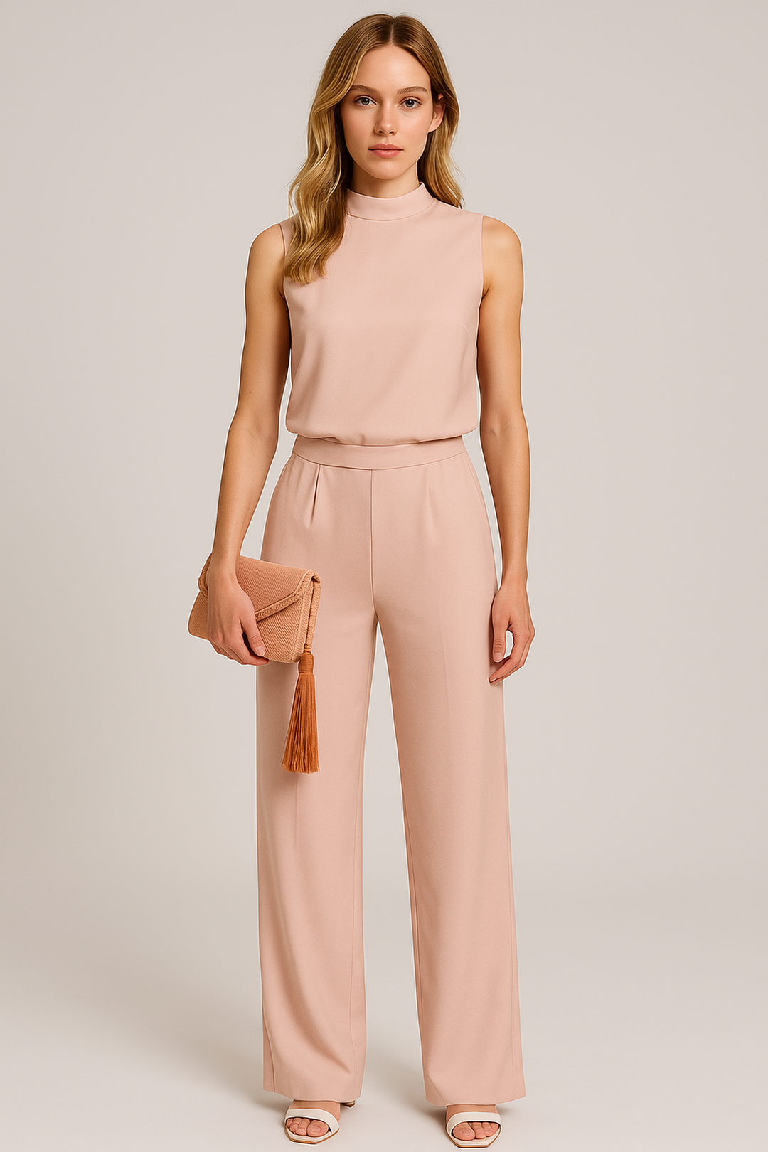 Chic black sleeveless wide-leg jumpsuit for women, featuring a round neck, suitable for elegant office or evening.