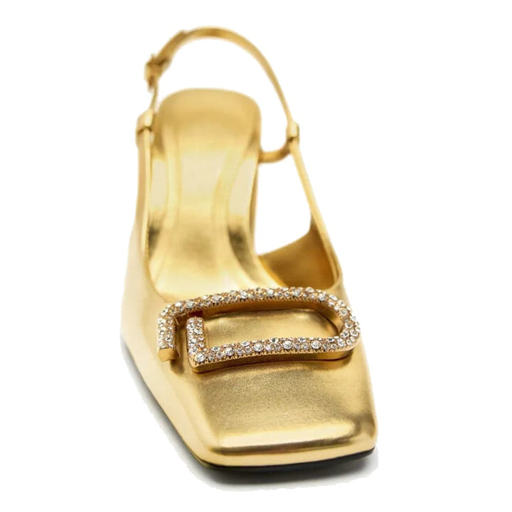 Formal slingback block heel shoes for women. Elegant high heels, perfect footwear for office and special events.