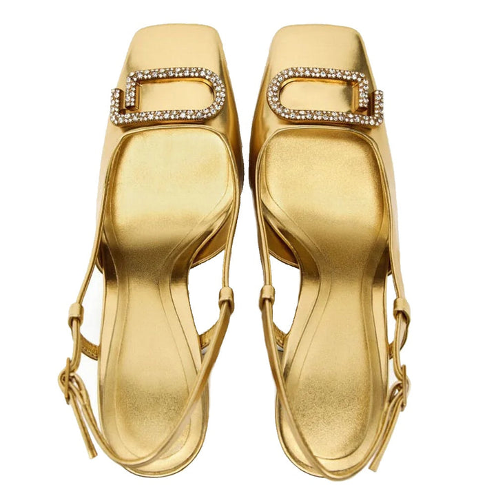 Sparkling rhinestone slingback high heels. Elegant women's block heel footwear for formal office & party wear.
