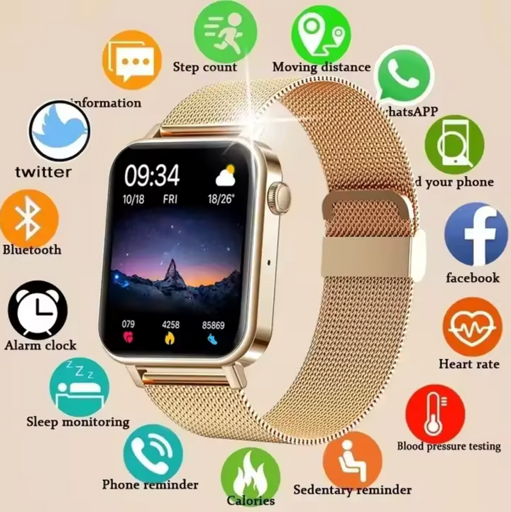 Elegant women's smartwatch with fitness tracking & health monitoring, perfect for active ladies.