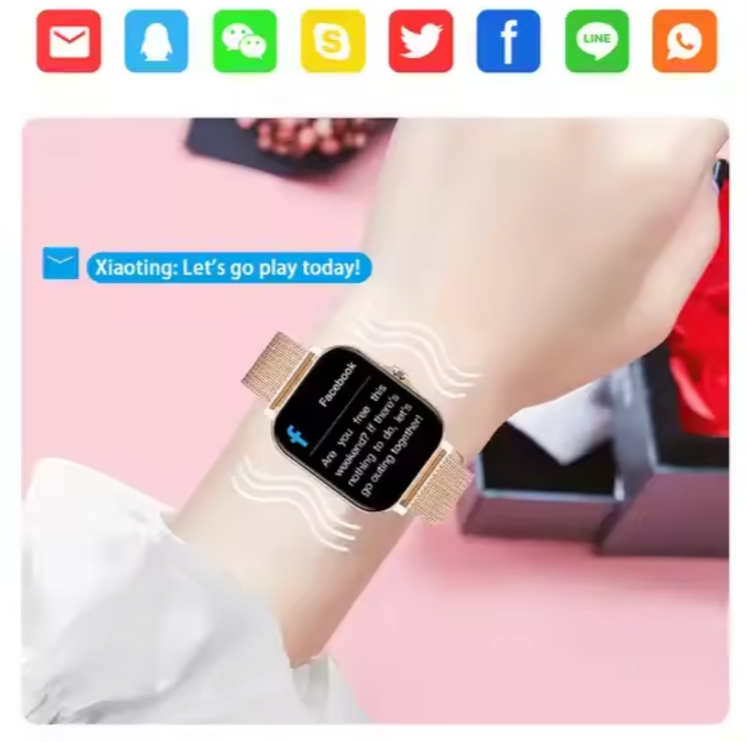 Women's elegant smartwatch for fitness, heart rate, and sleep monitoring; a chic wearable tech accessory.