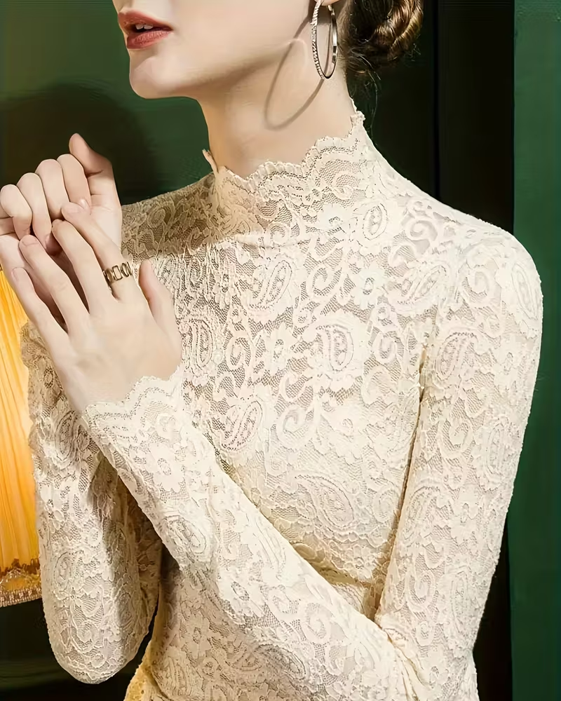 Elegant women's solid color lace half neck long sleeve top. Perfect for office or party wear.
