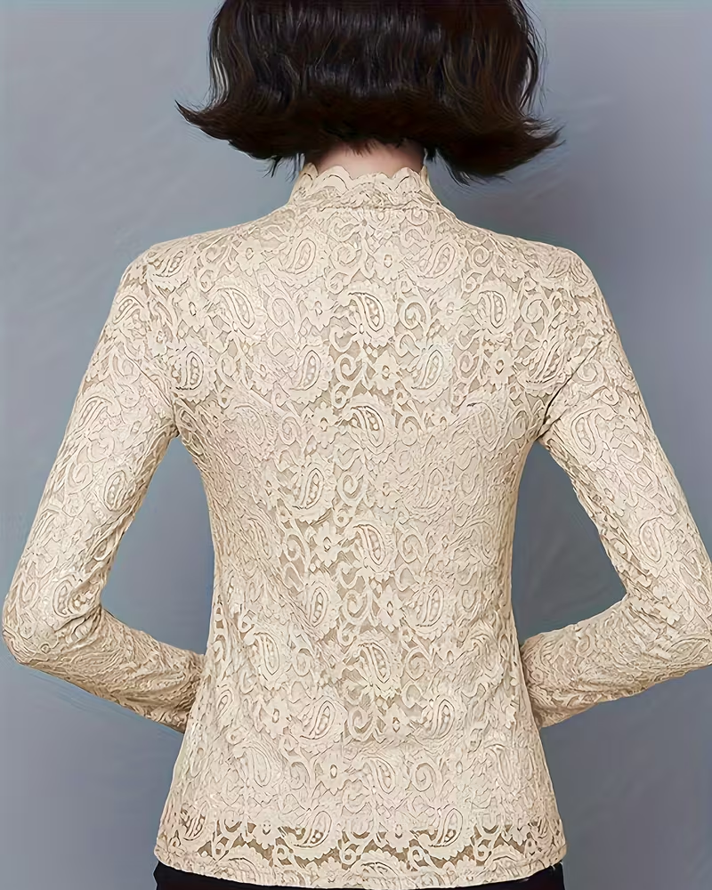 Sophisticated women's long sleeve top with delicate lace details & stand collar design.