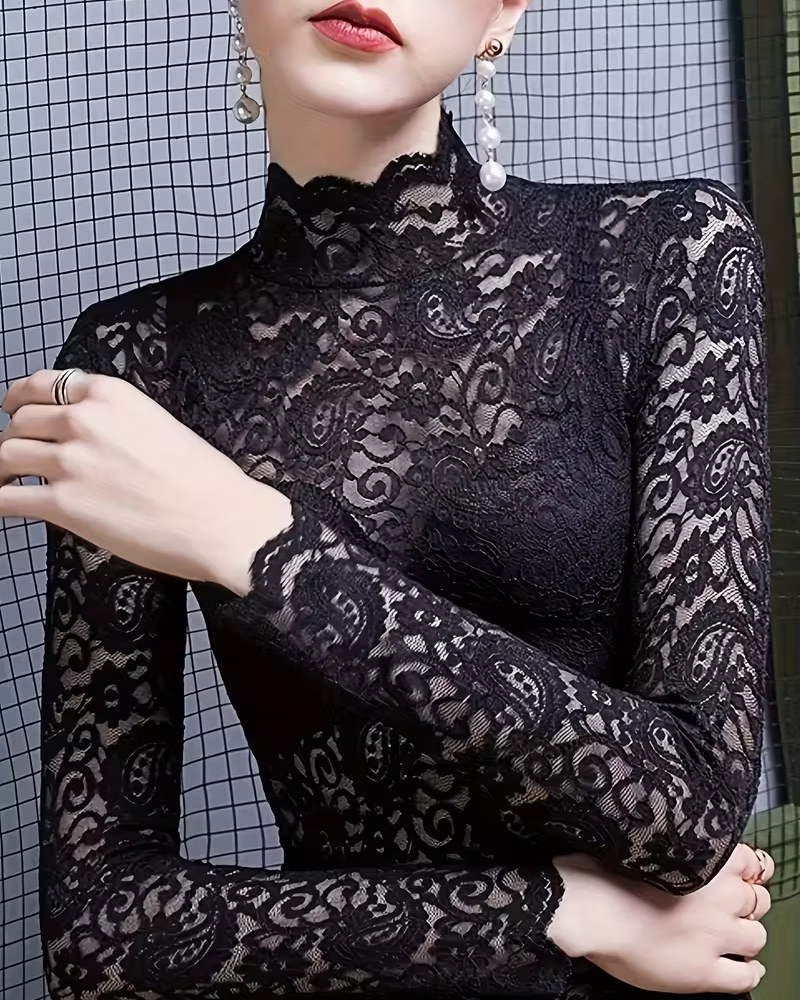 Stylish women's lace top featuring a stand collar and long sleeves. Office-to-party chic.