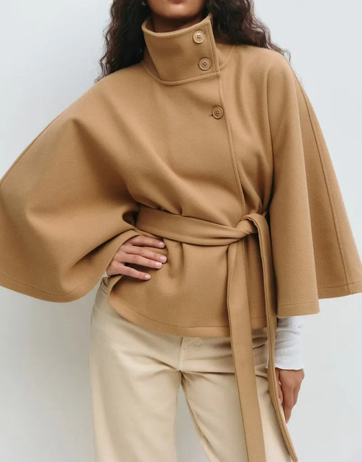 Elegant women's spring belted high-neck cape coat in a chic, fashionable style for casual wear