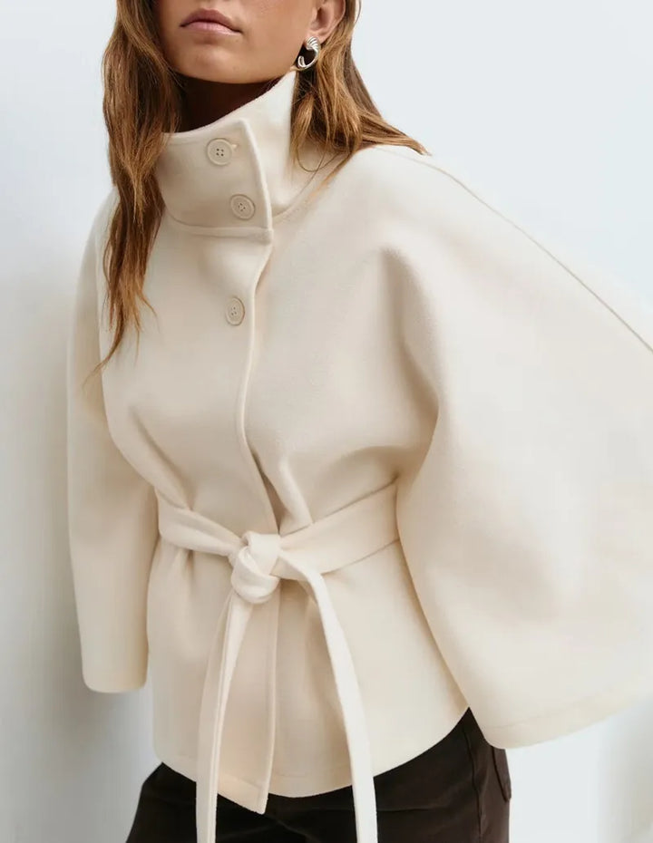 Fashionable women's high-neck cape coat with a belt, a versatile piece of spring outerwear