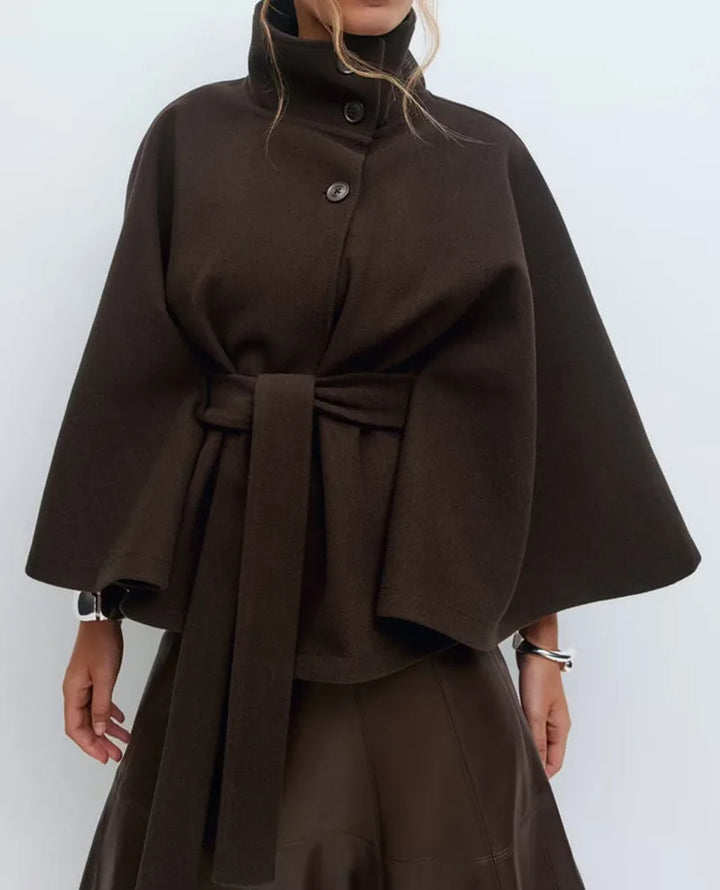 Casual yet elegant women's belted cape coat in a high-neck design for spring clothing
