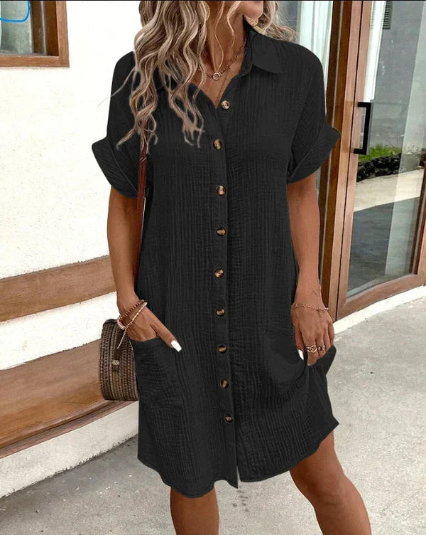 Chic women's spring shirt dress in a comfortable, relaxed fit for elegant casual, daytime, or evening style.