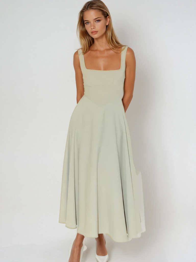 Elegant women's square neck midi dress in cotton blend, perfect for summer casual or party wear.