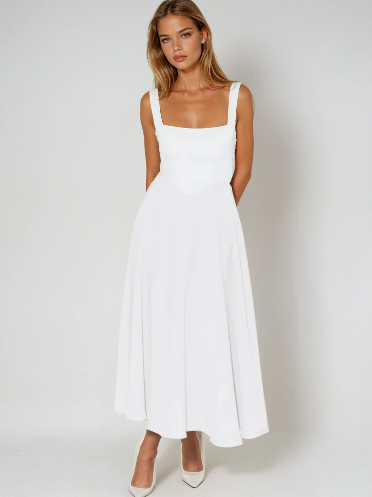 Women's elegant square neck midi dress, comfortable cotton blend for all-day wear.
