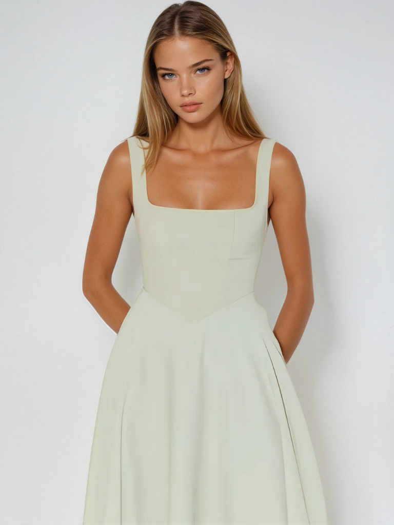 Flattering square neck midi dress for women, versatile for casual outings or elegant gatherings.