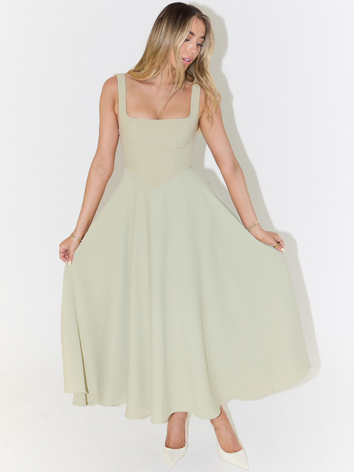 Women's summer midi dress, elegant square neckline, comfortable cotton blend fabric.