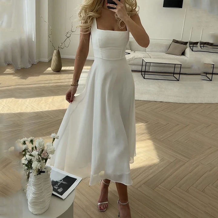 Elegant women's square neck midi dress, perfect for wedding guests & formal events