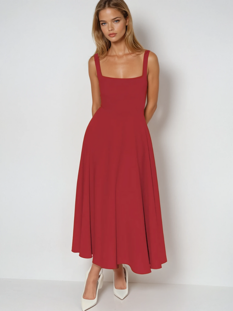 Detailed image of the fabric of an elegant women's square neck midi dress, cotton blend.
