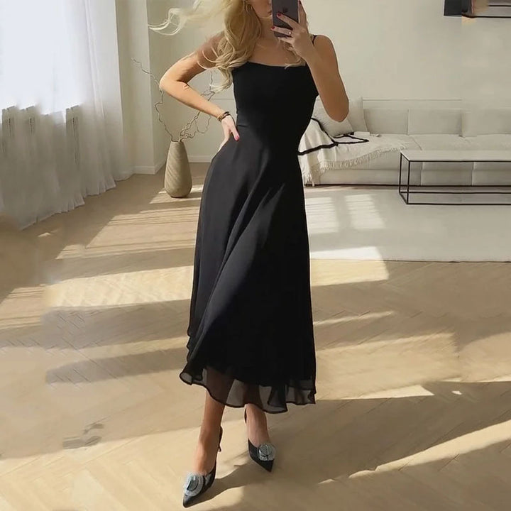 Stylish women's midi dress with square neckline, ideal for summer events & cocktail parties