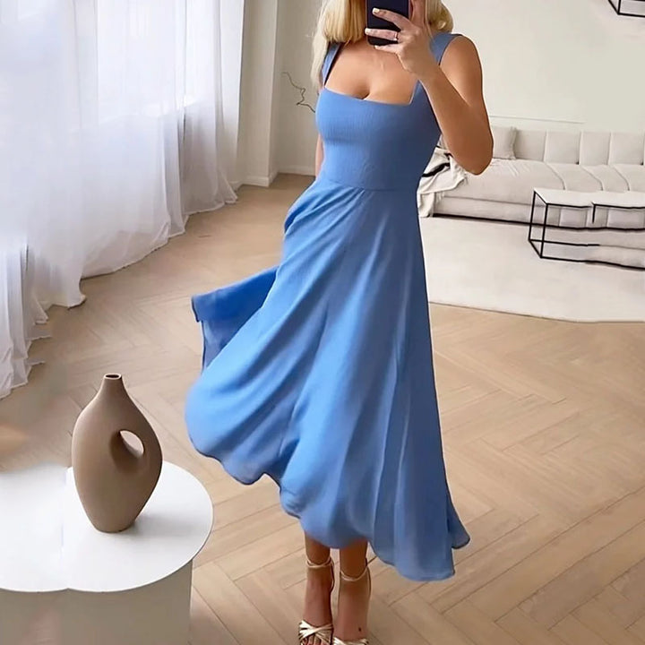 Chic women's formal midi dress featuring a square neck, great for spring fashion & events