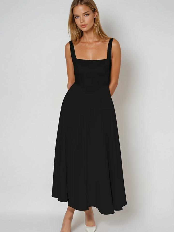 Full shot of women's square neck midi dress, highlighting its versatile and elegant style.
