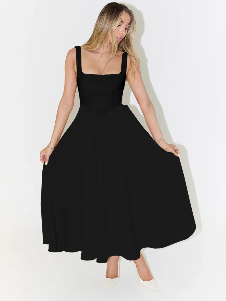 Model wearing a flattering women's square neck midi dress, suitable for casual or party wear.