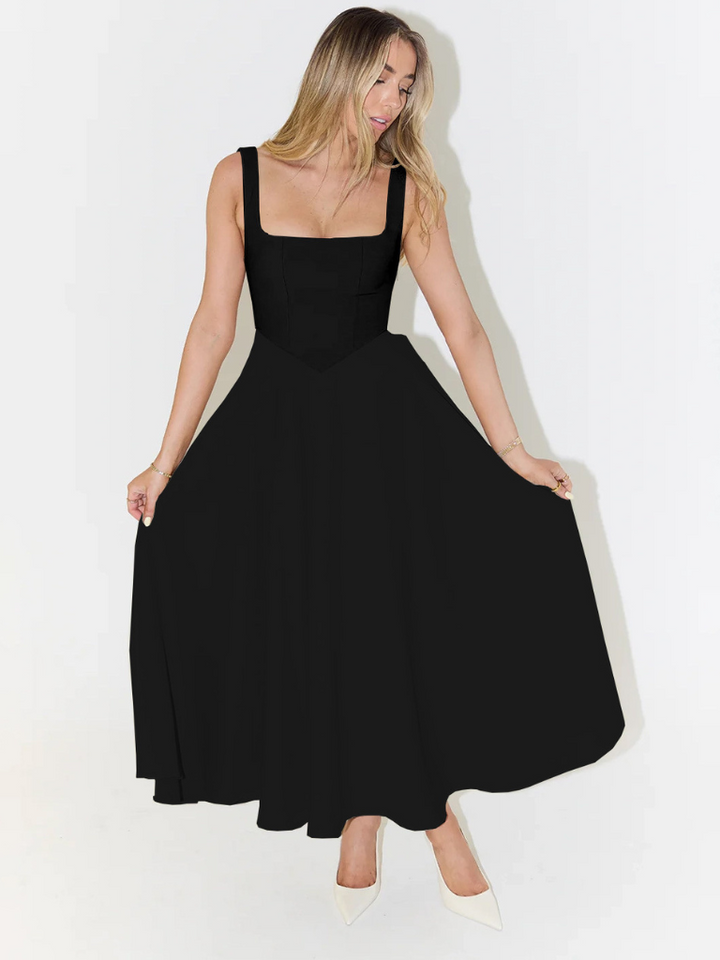 Model wearing a flattering women's square neck midi dress, suitable for casual or party wear.