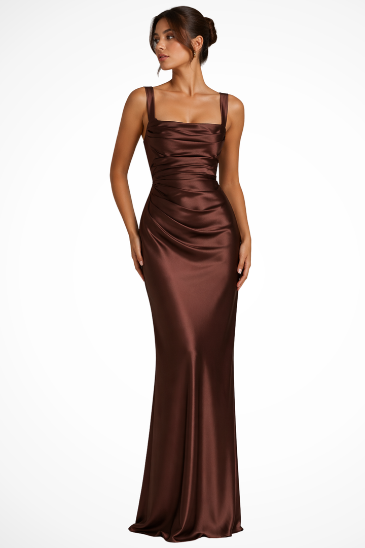 Sophisticated women's long ruched maxi dress with a square neck, suitable for formal events.