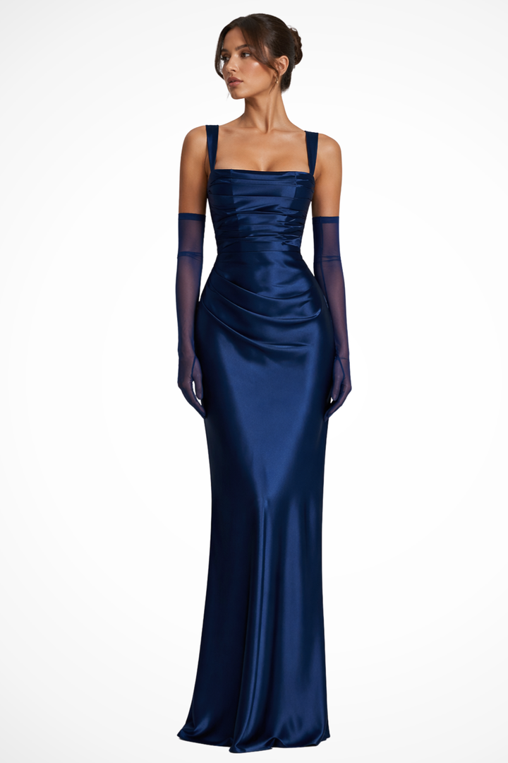 Modern women's square neck ruched maxi evening gown, a stylish choice for special occasions.