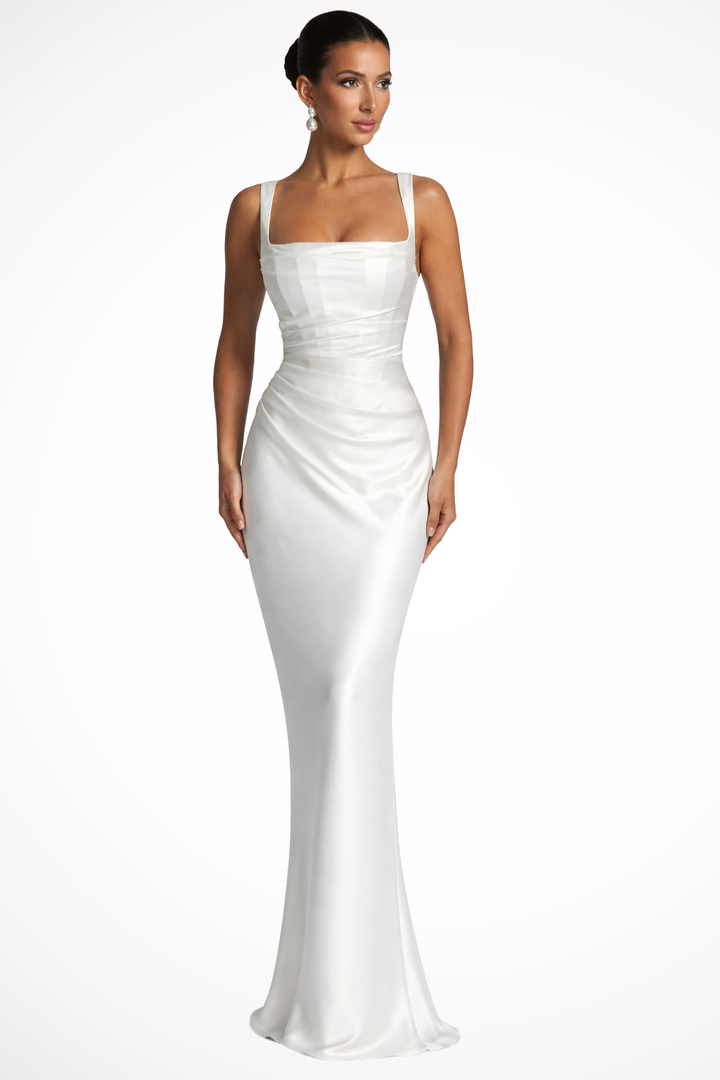 Beautiful women's ruched square neck maxi dress, perfect as a wedding guest or party dress.