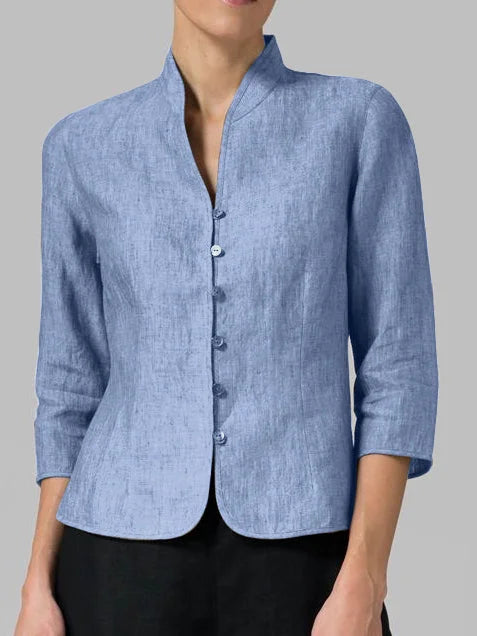 Elegant women's stand-up collar blouse with long sleeves, perfect for sophisticated workwear & professional attire.
