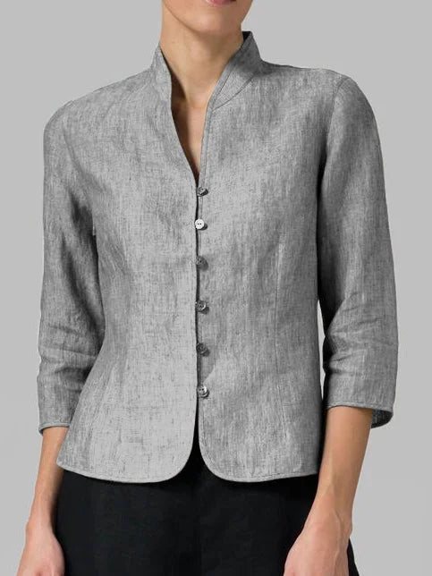 Sophisticated ladies' long-sleeve stand-up collar blouse, ideal for workwear, professional events & elegant style.